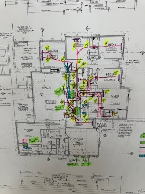 Architectural floor plan marked up by hand with duct runs, outlet positions and zone numbers.